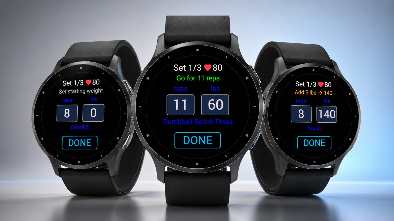 Kilo Garmin Watch App showing set tracking, rep prompts, and weight progression across three watches