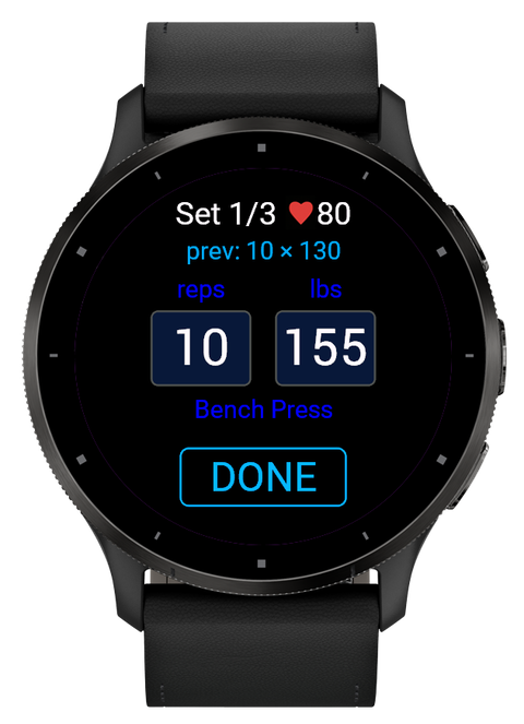Kilo's set logging screen on a Garmin watch
