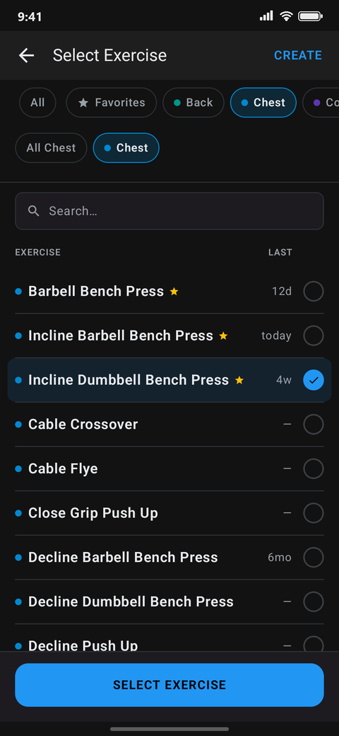 Kilo exercise picker filtered to chest, with Incline Dumbbell Bench Press selected as a swap