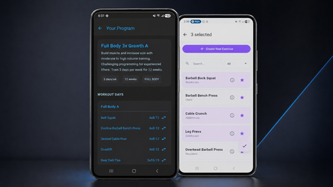 Kilo program overview and exercise picker screens
